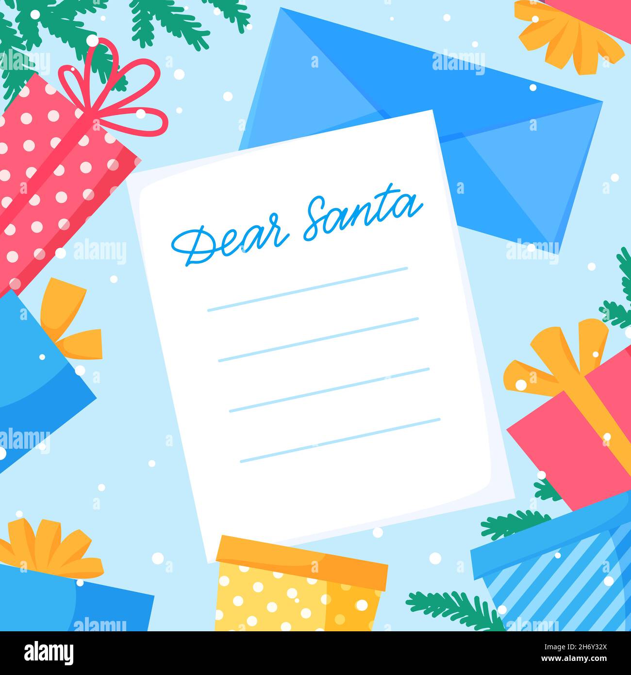 Chère lettre du Père Noël au Père Noël avec enveloppe.Liste de souhaits des vacances d'hiver.Vœux de Noël.Illustration vectorielle plate Illustration de Vecteur