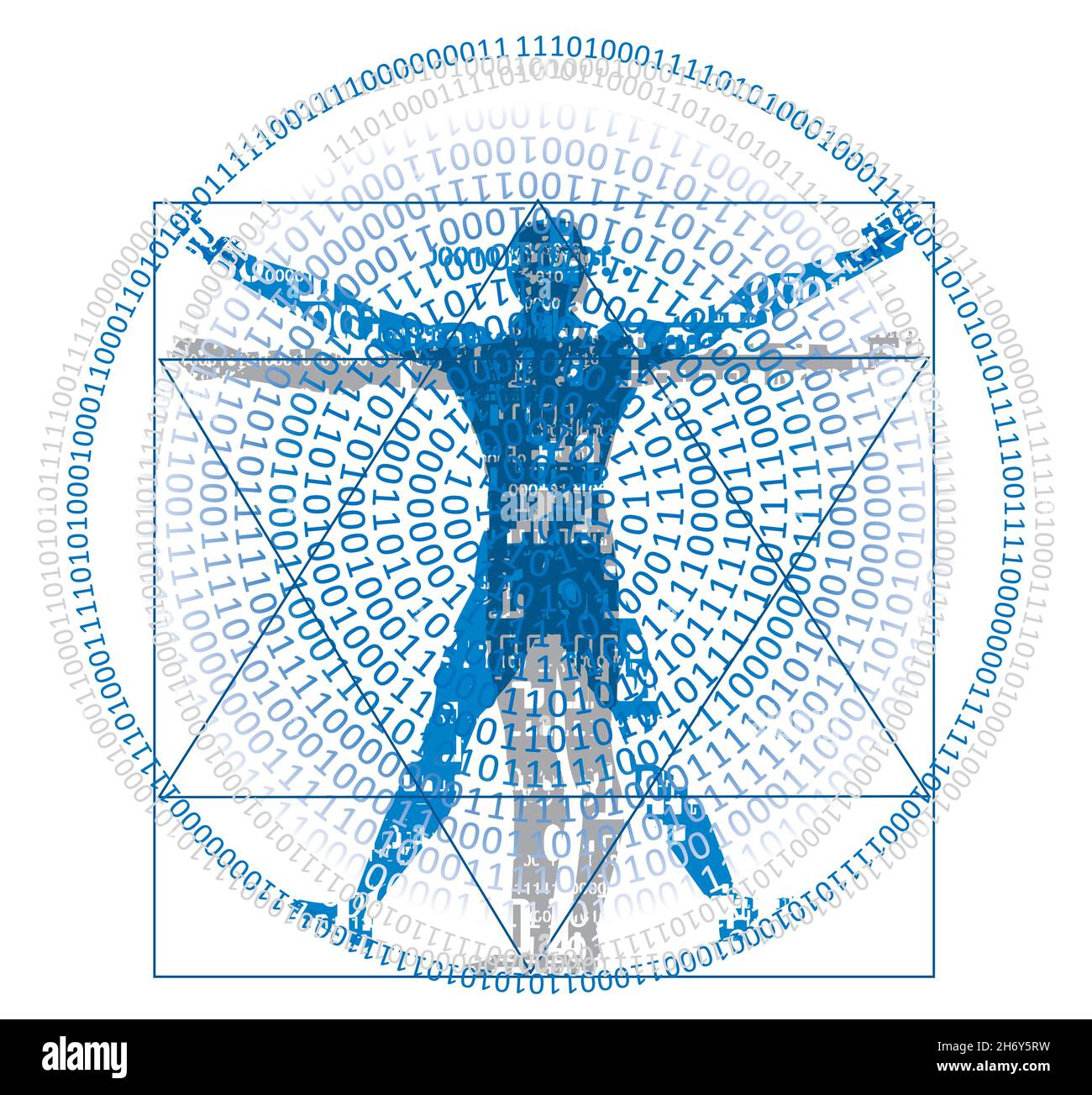 Homme de Vitruvian avec code binaire, concept d'âge numérique.dessin stylisé de l'homme de vitruvian avec spirale de codes binaires, fond blanc.vecteur disponible Illustration de Vecteur