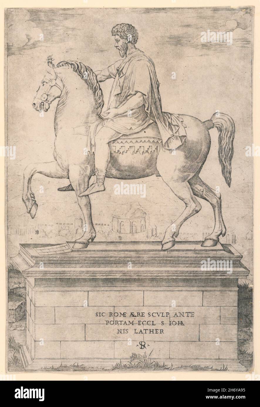 Statue équestre de l'empereur romain et philosophe stoïque Marcus Aurelius en vue latérale sur un piédestal, imprimé par Marco Dente, italien, ca.1525 Banque D'Images