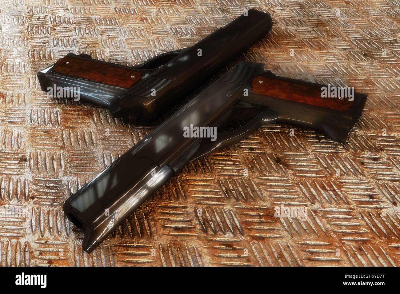 Gros plan de deux pistolets sur une surface métallique Banque D'Images