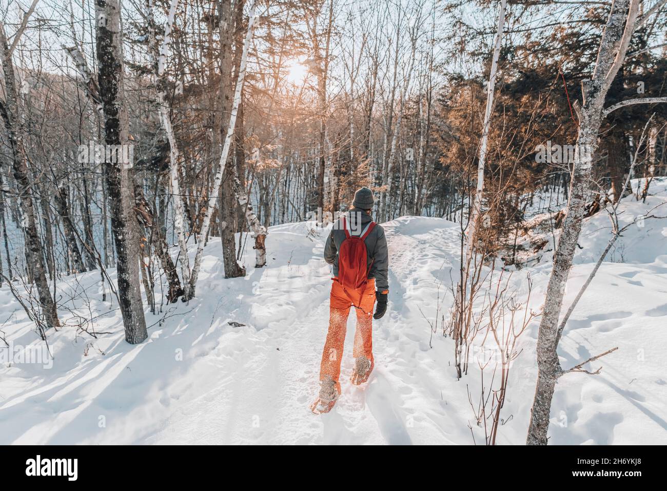 Raquette sur les gens dans la forêt d'hiver avec des arbres couverts de neige le jour de neige.Homme en randonnée dans la neige randonnée en raquettes vie saine actif en plein air Banque D'Images