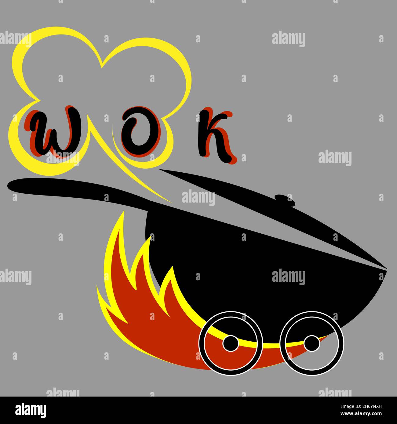 logo minimal de lettrage livraison de nourriture asiatique wok avec feu 1 Illustration de Vecteur