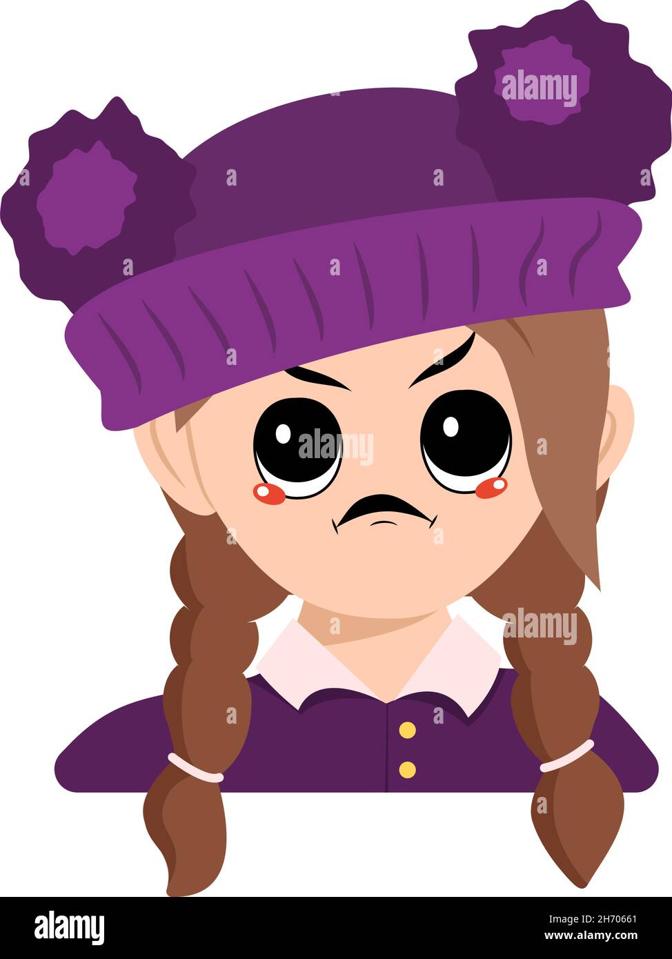 Avatar d'une fille avec des émotions en colère, visage grincheux, yeux furieux en chapeau violet avec pompon.Tête de l'enfant à expression furieuse Illustration de Vecteur