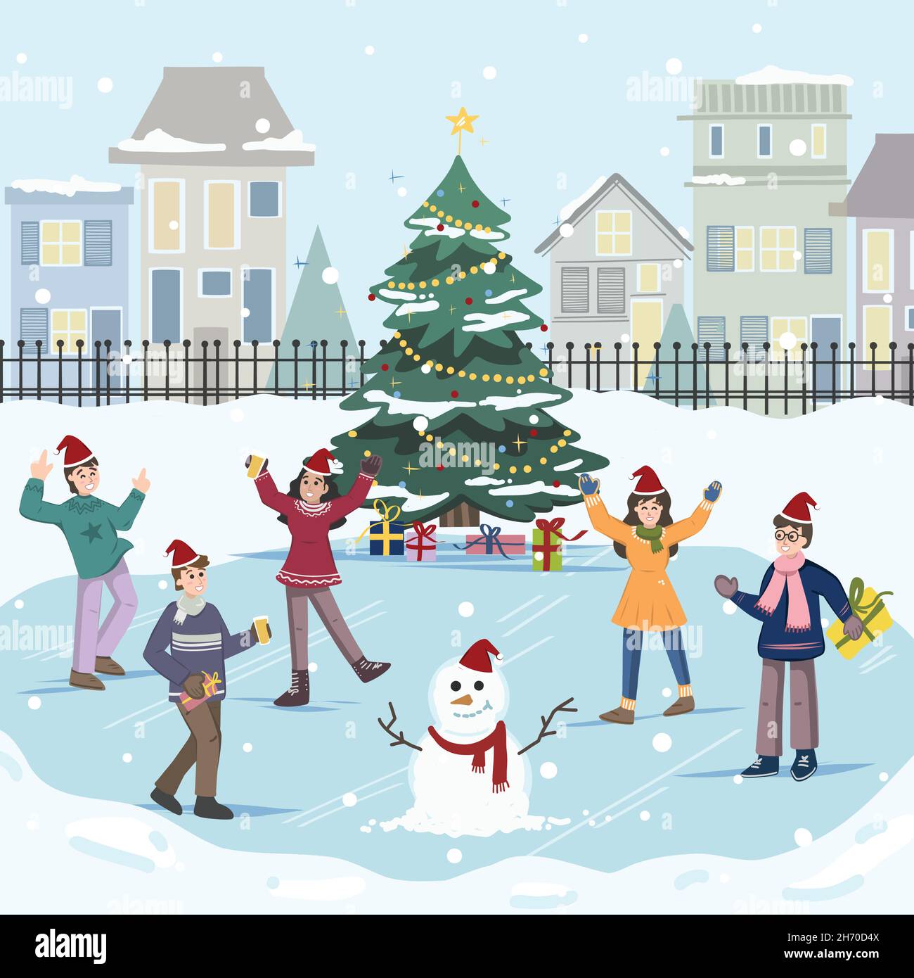 Les gens célèbrent sur la rue de Noël festive de ville, illustration de vecteur de parc.Caricature urbaine avec maisons décorées, célébrant les dansants Illustration de Vecteur