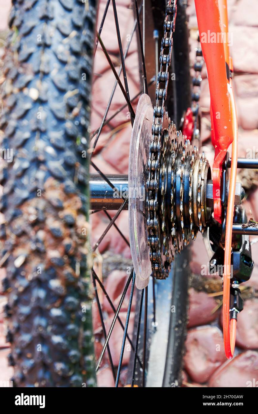 Engrenages de vélo sport et freins arrière - vue rapprochée.Activités de loisirs et technologie sportive Banque D'Images