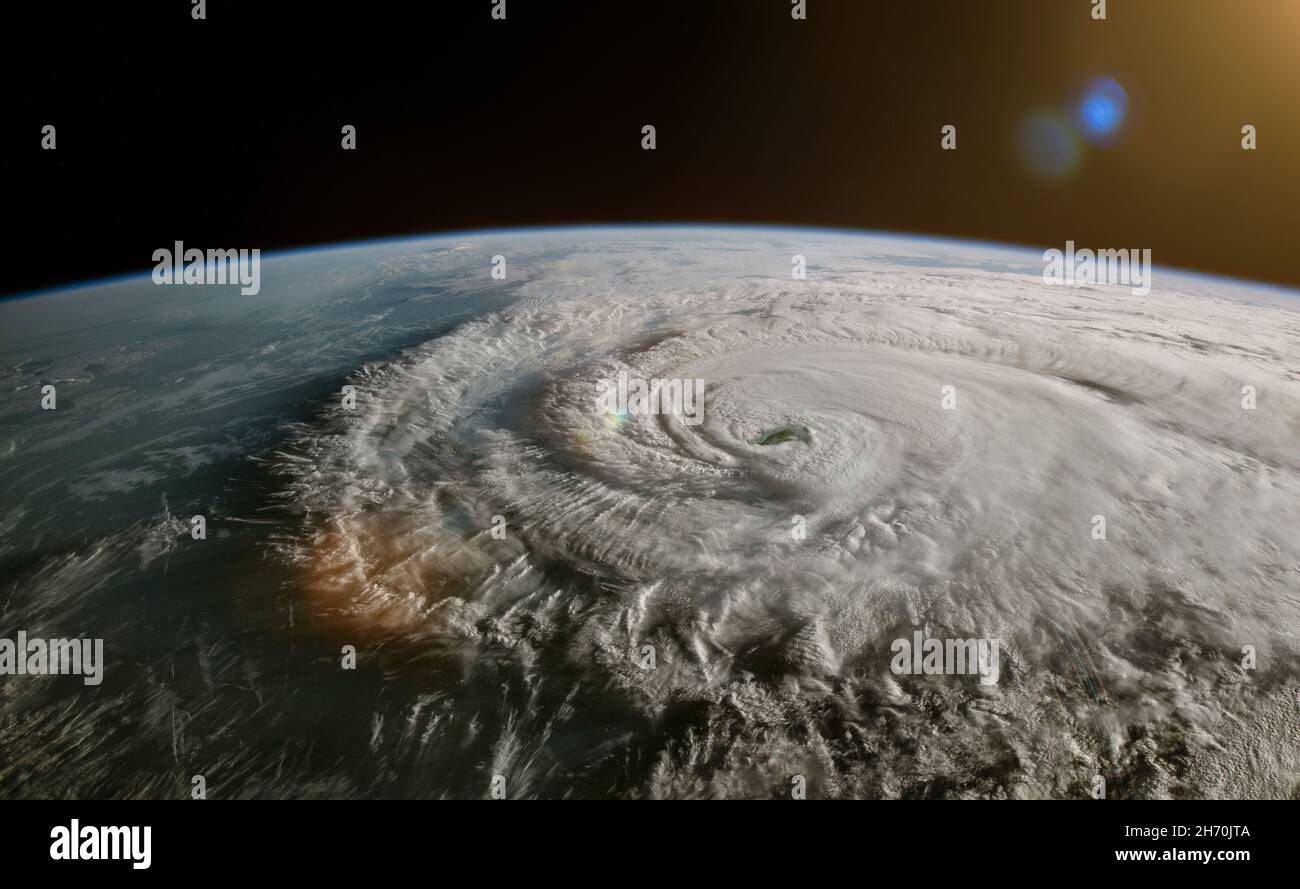 Image satellite d'une tempête tropicale - ouragan, cyclone ou typhon.Concept de changement climatique.Éléments de cette image fournis par la NASA. Banque D'Images