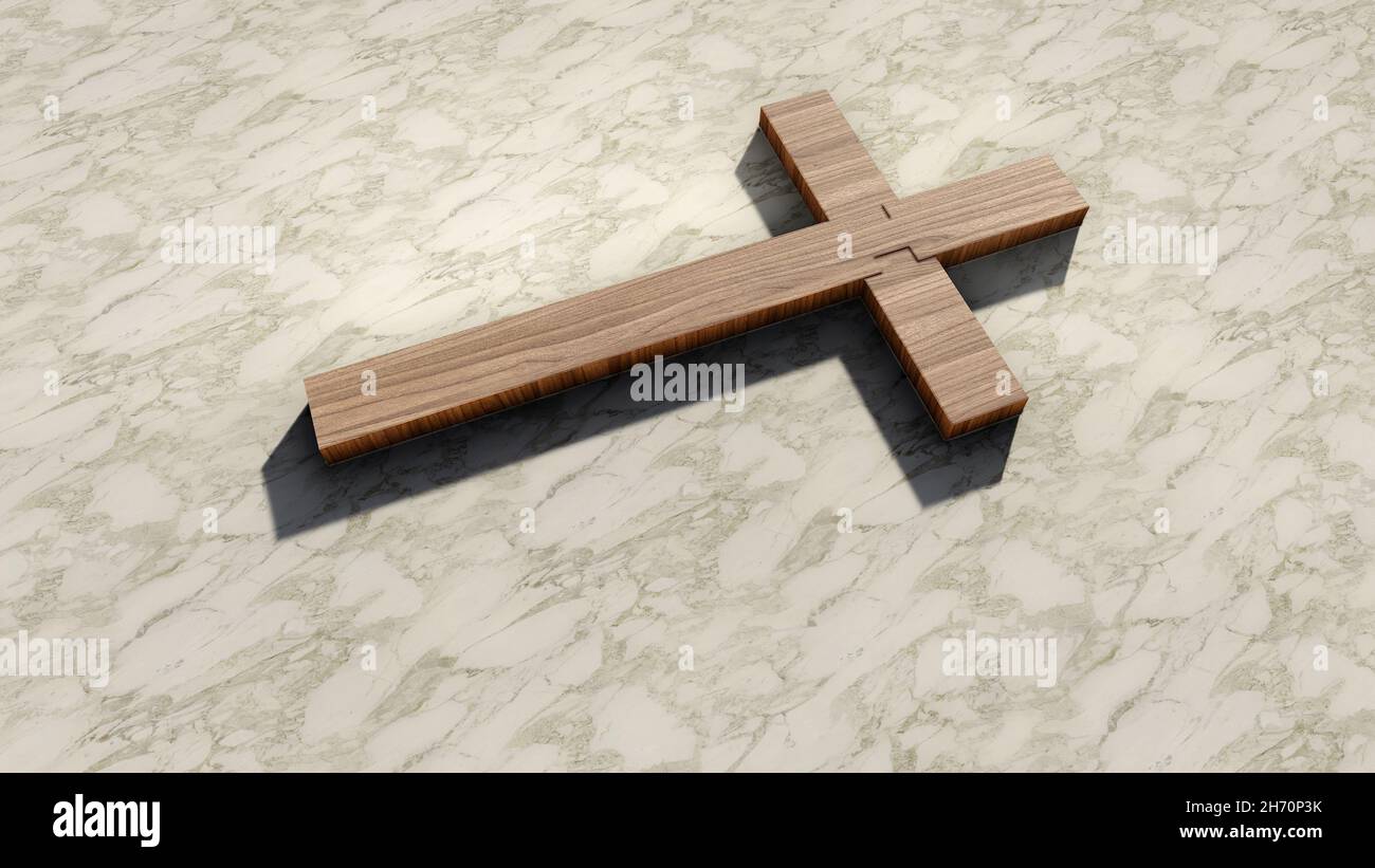 Concept ou croix en bois conceptuelle sur un fond en marbre blanc. métaphore de l'illustration 3d pour Dieu, Christ, Christianisme, religieux, foi, hol Banque D'Images