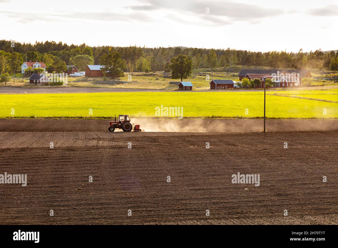 Vue aérienne du tracteur labourage dans le champ Banque D'Images