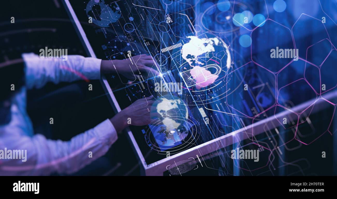Métaverse Digital Cyber World Technology concept homme d'affaires succès en travaillant avec son équipe comme concept avec l'interface de tableau de bord numérique virtuel avec TH Banque D'Images