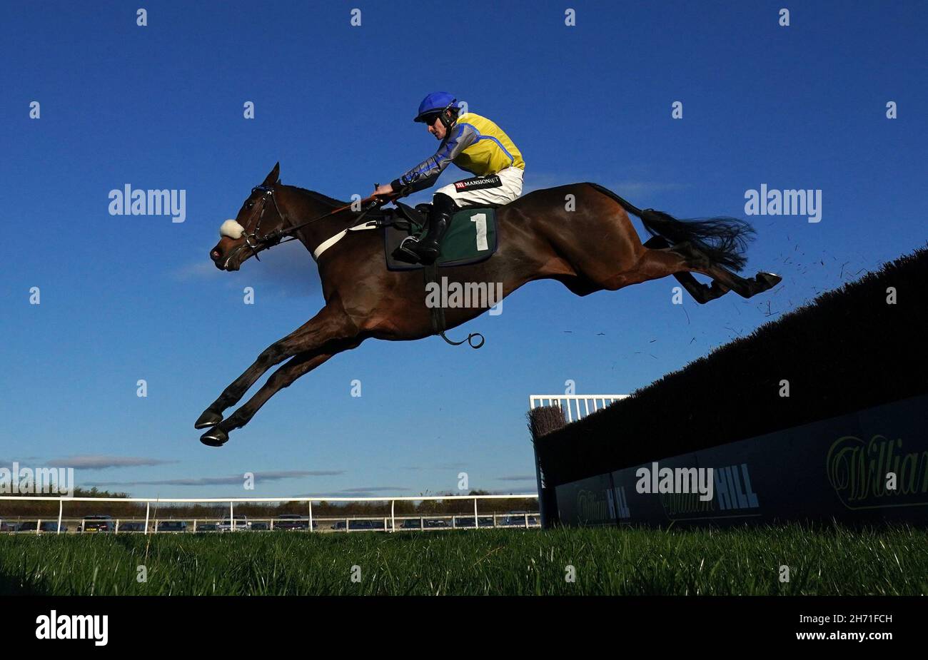 Minella Trump et Brian Hughes sautent le dernier pour remporter la Chase des novices des grands anniversaires de Lyn et Holly à l'hippodrome de Catterick.Date de la photo : vendredi 19 novembre 2021. Banque D'Images