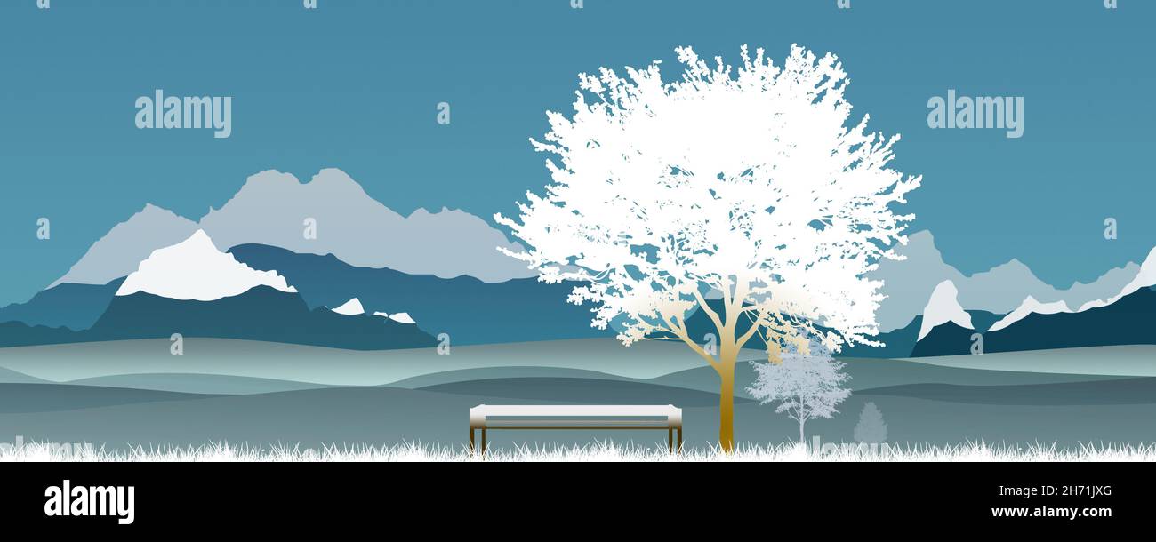 neige d'hiver. vue sur les montagnes depuis le banc. bannière romantique Banque D'Images