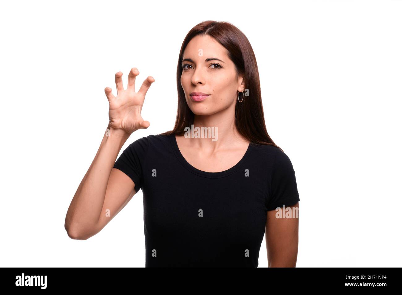Isolé en fond blanc une femme brunette disant cri en langue espagnole des signes Banque D'Images