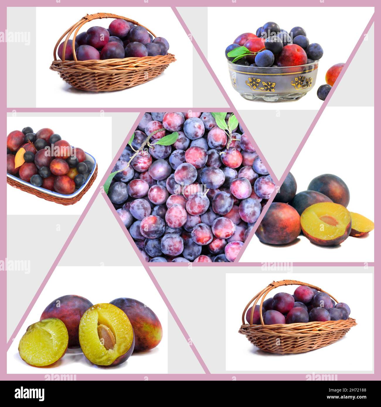 Collage d'images de prunes mûres sur fond blanc Banque D'Images