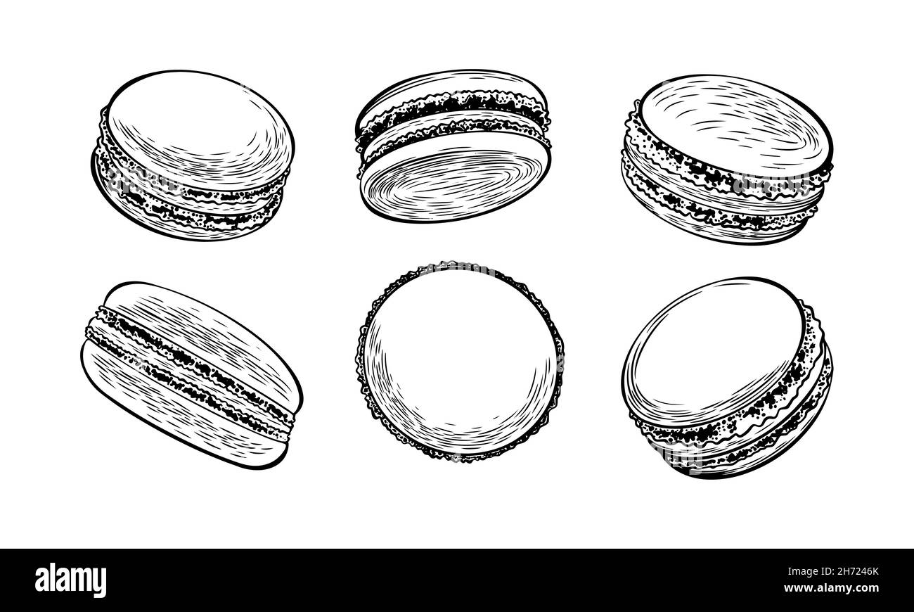 Ensemble de macarons dessinés à la main.Collection de desserts vintage.Illustration vectorielle. Illustration de Vecteur