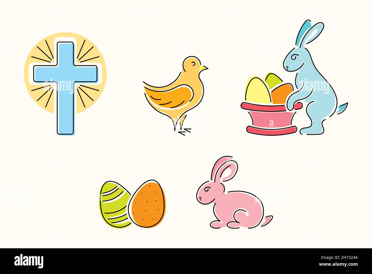 Ensemble de vecteur art de ligne icônes de Pâques: Lapin, croix, oeufs, poulet, busket Illustration de Vecteur