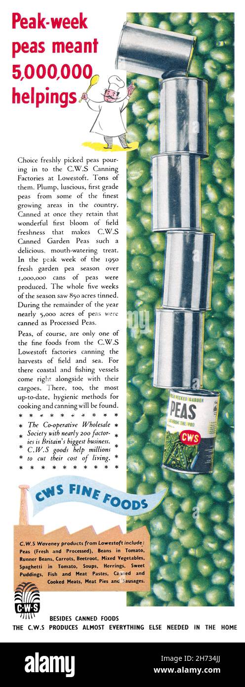 1951 publicité britannique pour les pois en conserve par la Co-operative Wholesale Society (C.W.S.) Banque D'Images