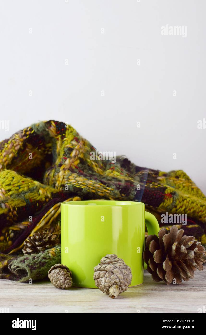 Photo verticale d'une tasse verte, de cônes de pin et d'une couverture chaude sur fond clair avec espace de copie Banque D'Images