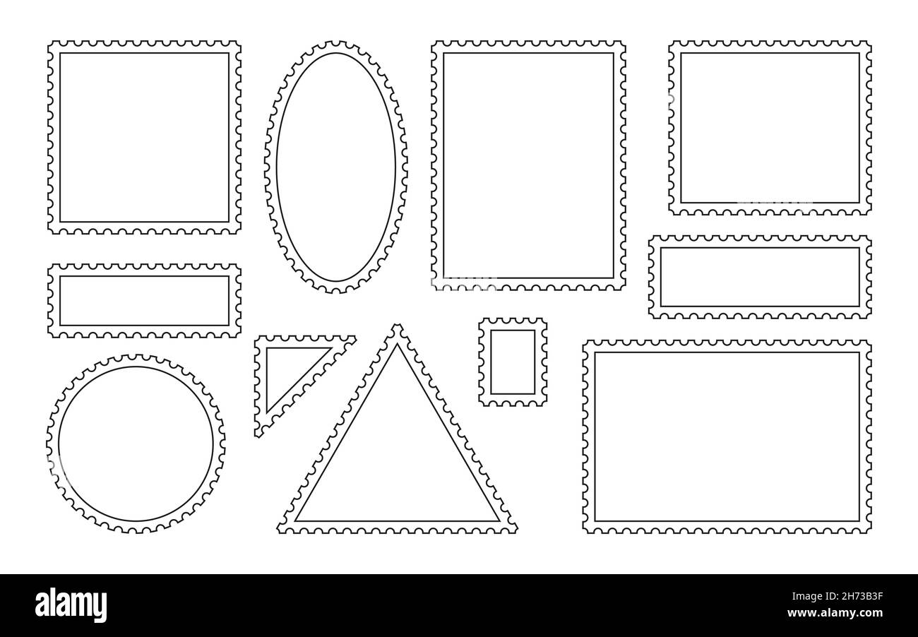 Jeu d'icônes de timbres-poste vierges de contour.Collecte des cadres postaux perforés pour enveloppe.Repère de papier de modèle linéaire avec emplacement pour les images ou le texte.Bordure dentée.Isolé sur une illustration vectorielle blanche Illustration de Vecteur