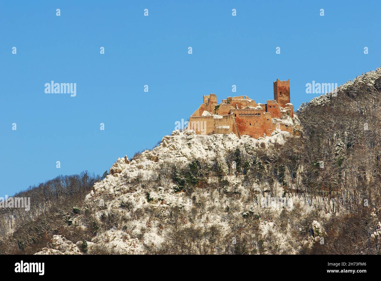 FRANCE, HAUT-RHIN (68), RIBEAUVILLE, CHÂTEAU ST-ULRICH EN HIVER Banque D'Images