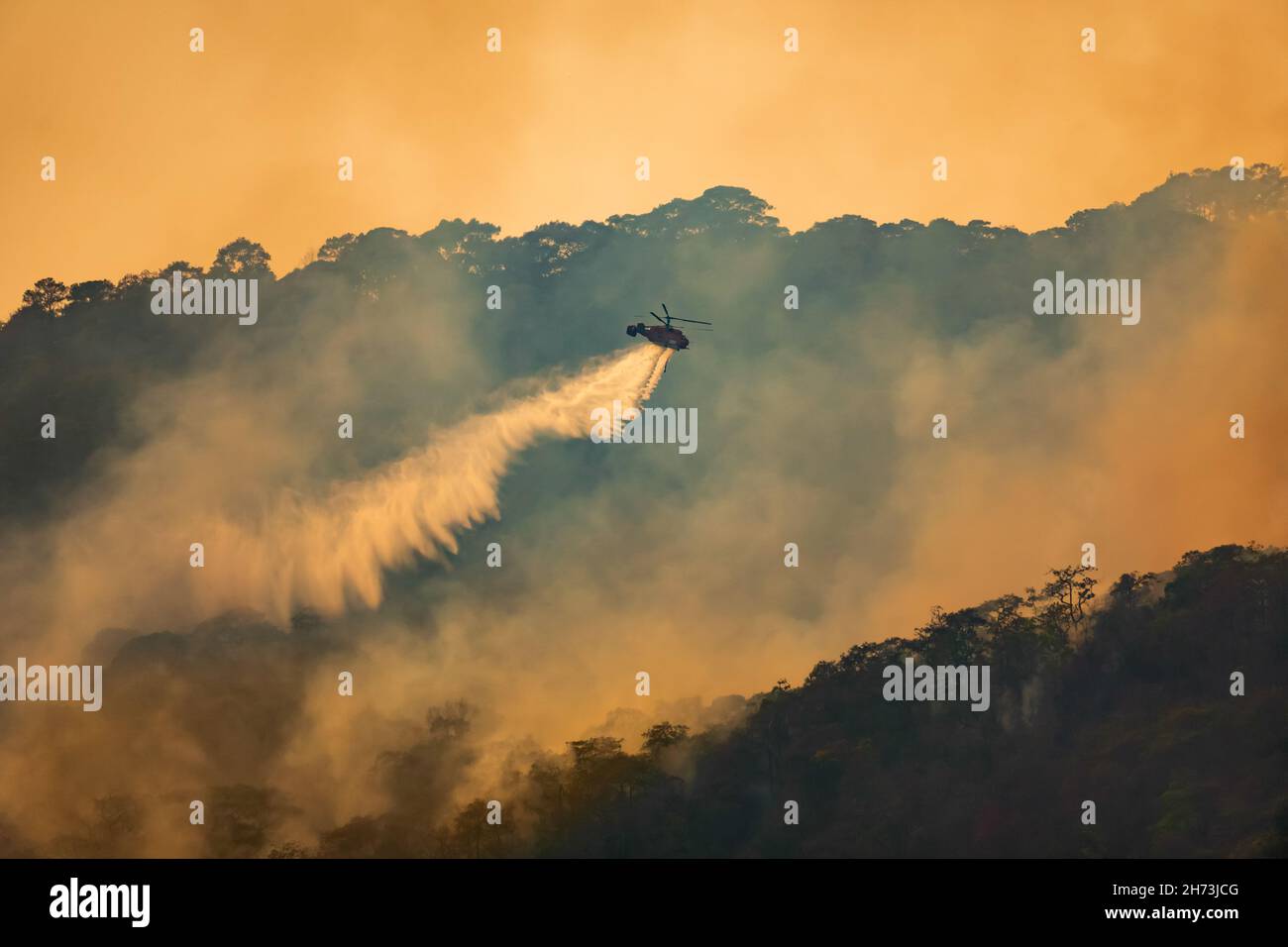 Un hélicoptère de lutte contre le feu qui larde de l'eau sur un feu de forêt Banque D'Images