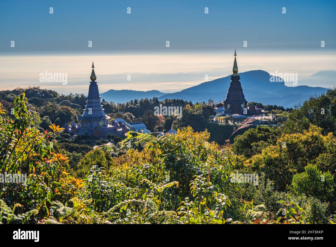 Chiang Mai vue sur le paysage naturel à la Pagode Twin de Doi Inthana, Chiang Mai Thaïlande Banque D'Images