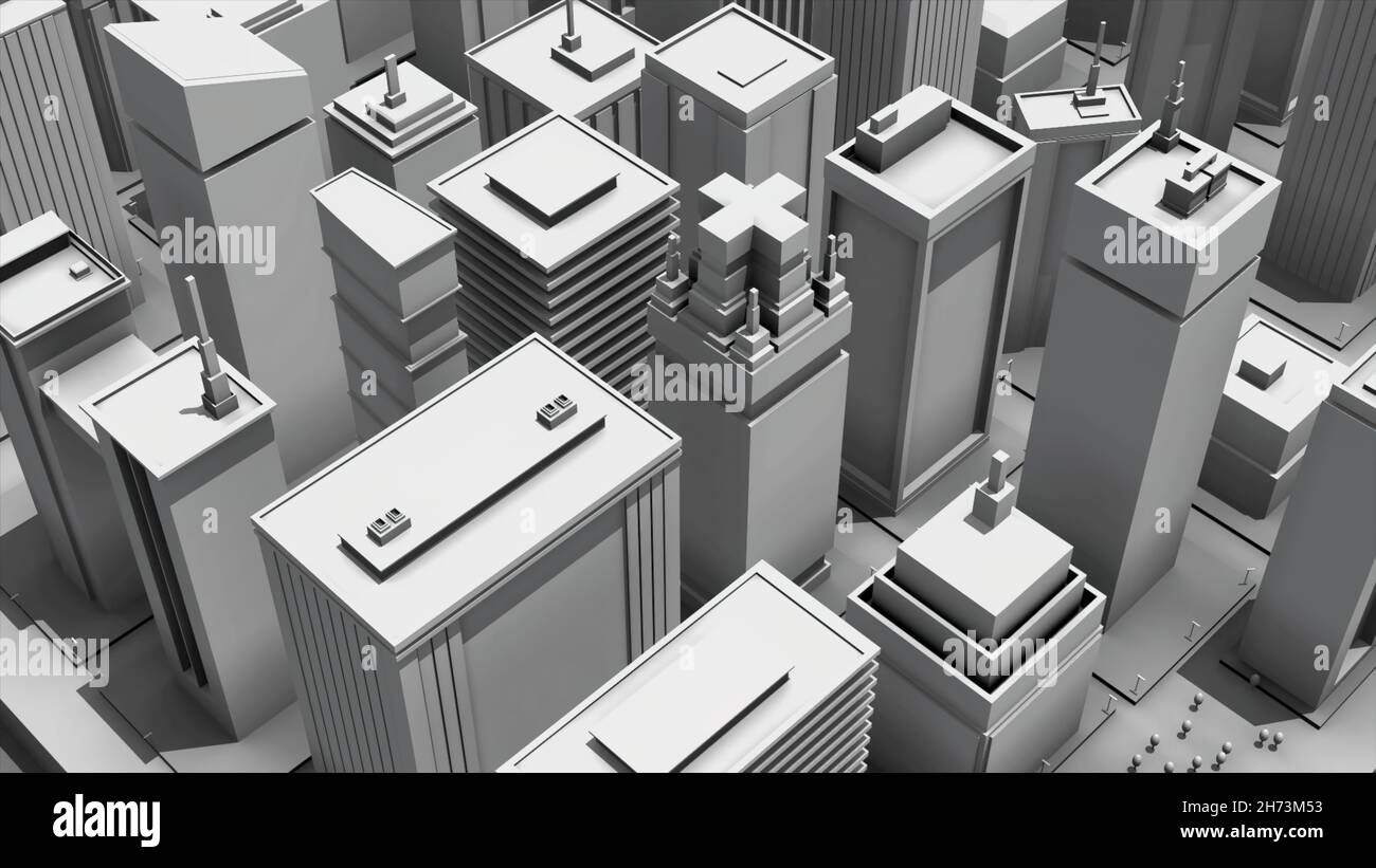 Animation abstraite d'un modèle architectural 3D à l'échelle du grand centre-ville moderne sur fond blanc.Animation 3D simple rendue en 4K Banque D'Images