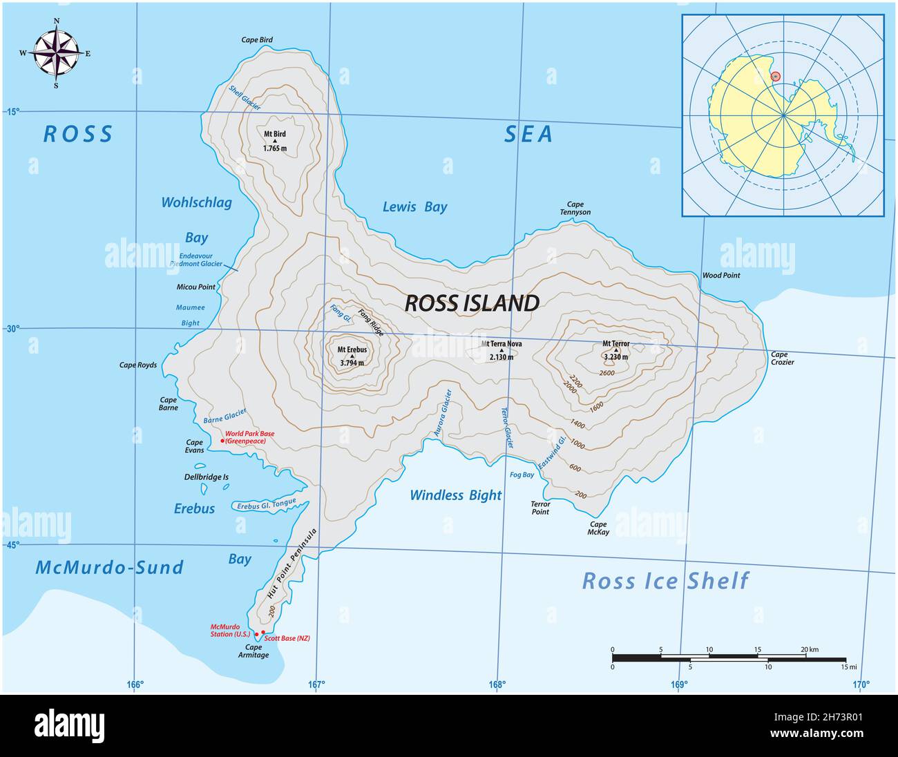 Carte vectorielle détaillée de l'île volcanique de Ross en Antarctique Illustration de Vecteur