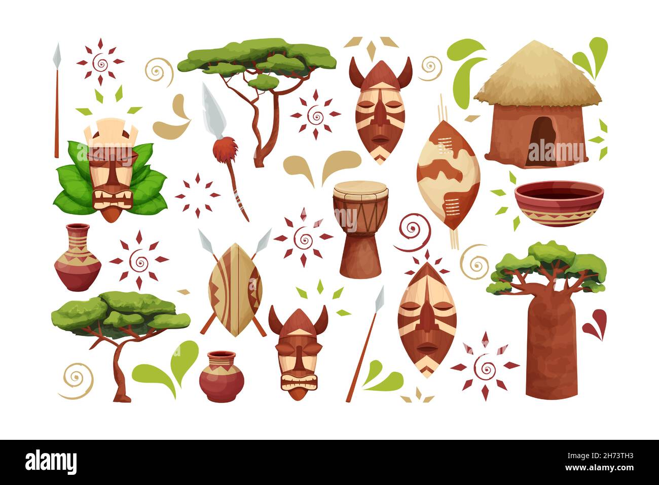Set African Hut avec toit de paille, baobab bouclier avec lance, masque tribal, tambour dans le style de dessin animé isolé sur fond blanc.Collection tribale Safari, bâtiment rural dans le désert.Illustration vectorielle Illustration de Vecteur