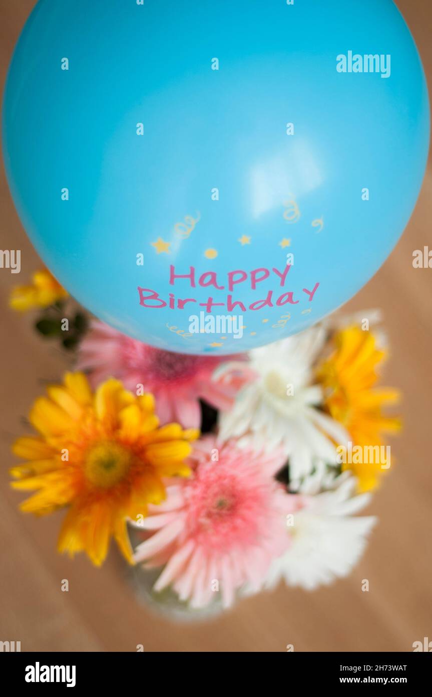 fleurs d'anniversaire blanches et jaunes avec ballon bleu Banque D'Images