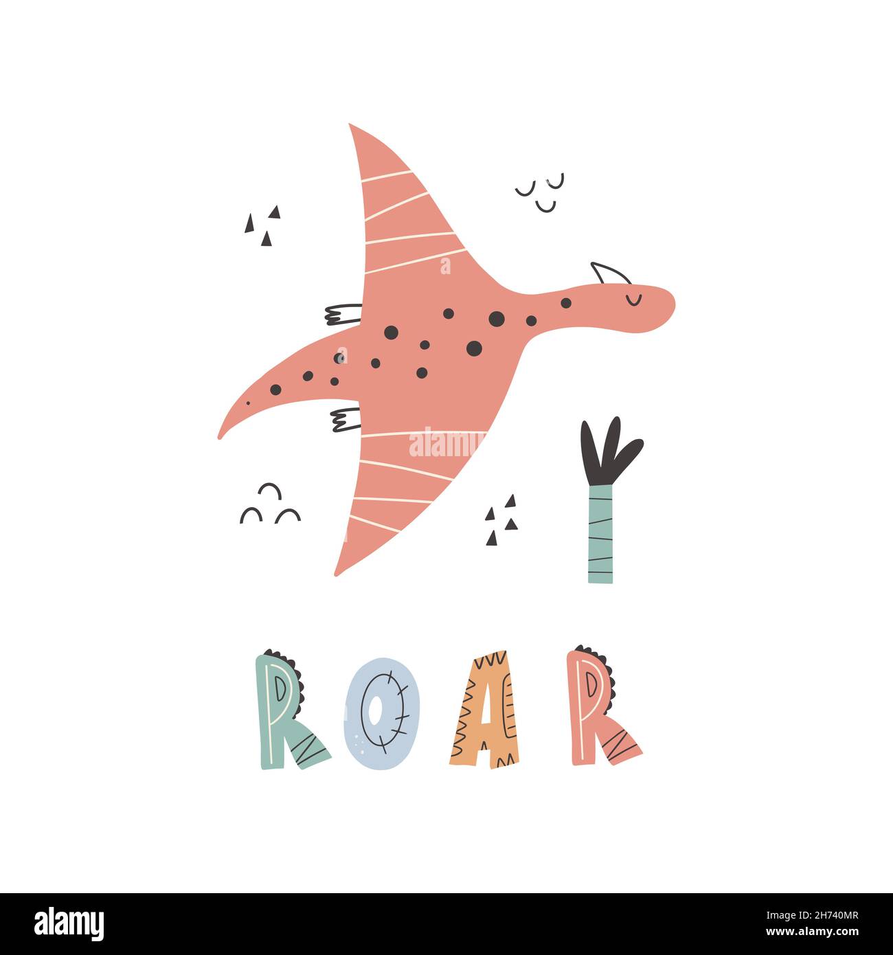 Dinosaure mignon avec lettrage.Motif roar avec dessins amusants sur les dinosaures. Illustration de Vecteur
