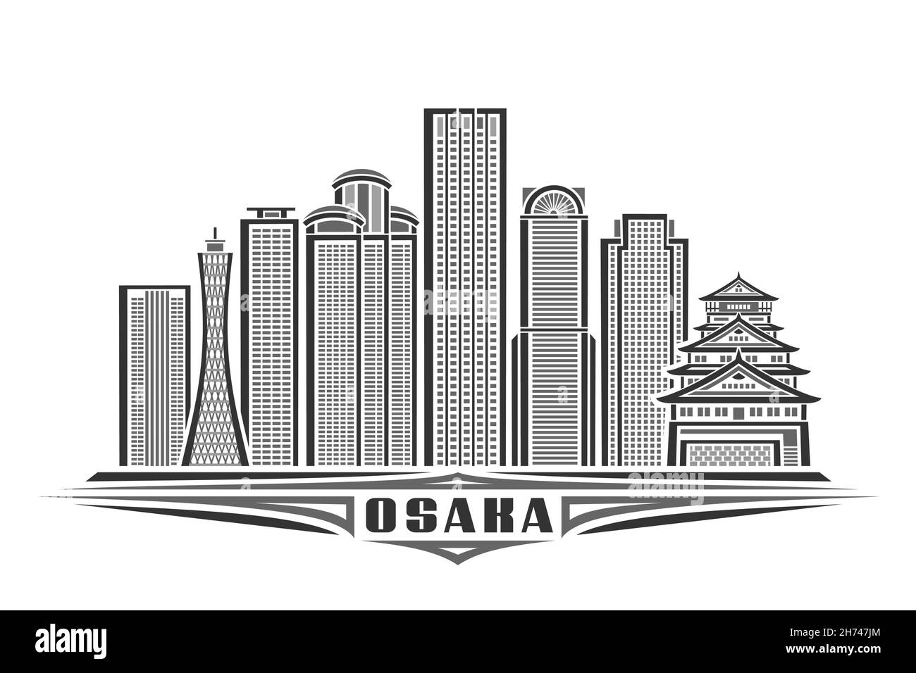 Illustration vectorielle d'Osaka, affiche horizontale monochrome avec design linéaire célèbre paysage urbain d'osaka, concept d'art urbain avec décoration unique Illustration de Vecteur