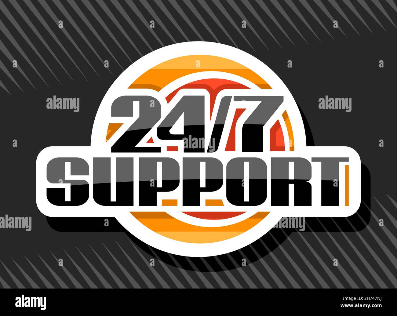 Logo Vector pour support 24/7, autocollant blanc isolé avec illustration de cercles colorés, lettrage décoratif unique pour les mots noirs support 24/7, Illustration de Vecteur