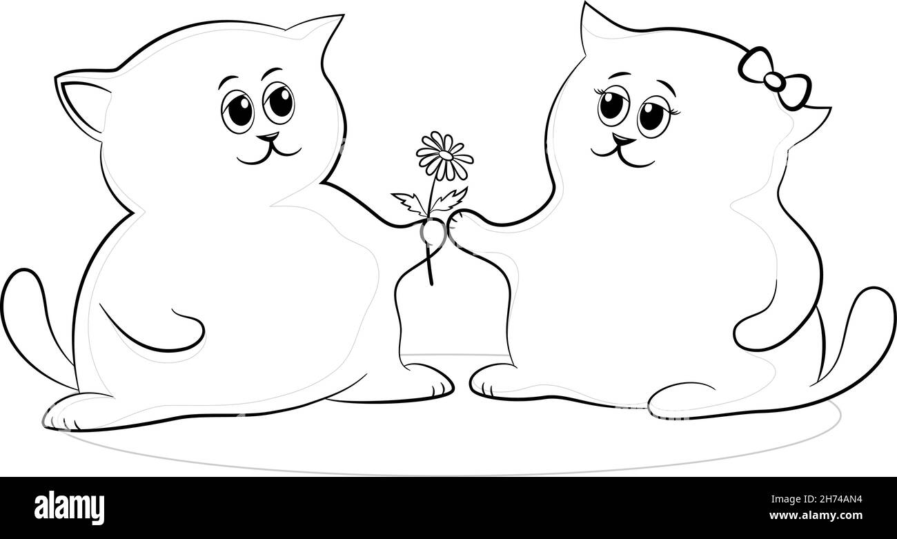 Dessin animé chat Boy donne une fleur à une fille de chat comme signe d'amour et d'amitié, contours noirs isolés sur fond blanc.Vecteur Illustration de Vecteur