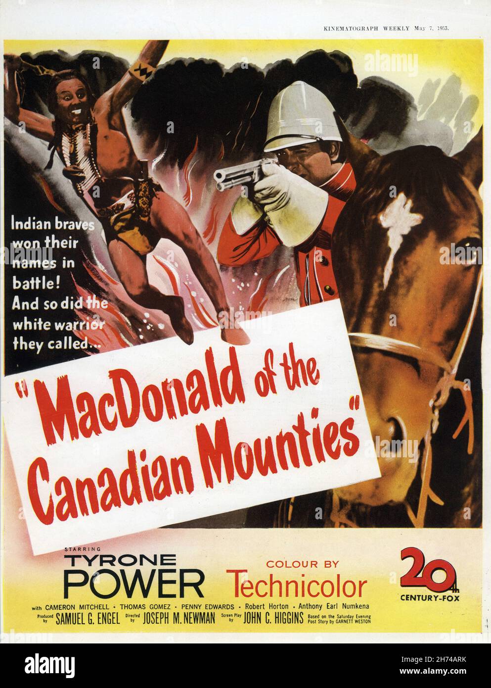 British Trade ad for TYRONE POWER in PONY SOLDAT aka MacDonald DES CANADIAN MOUNTIES (Royaume-Uni) 1952 réalisateur JOSEPH M. NEWMAN XXème siècle Fox Banque D'Images