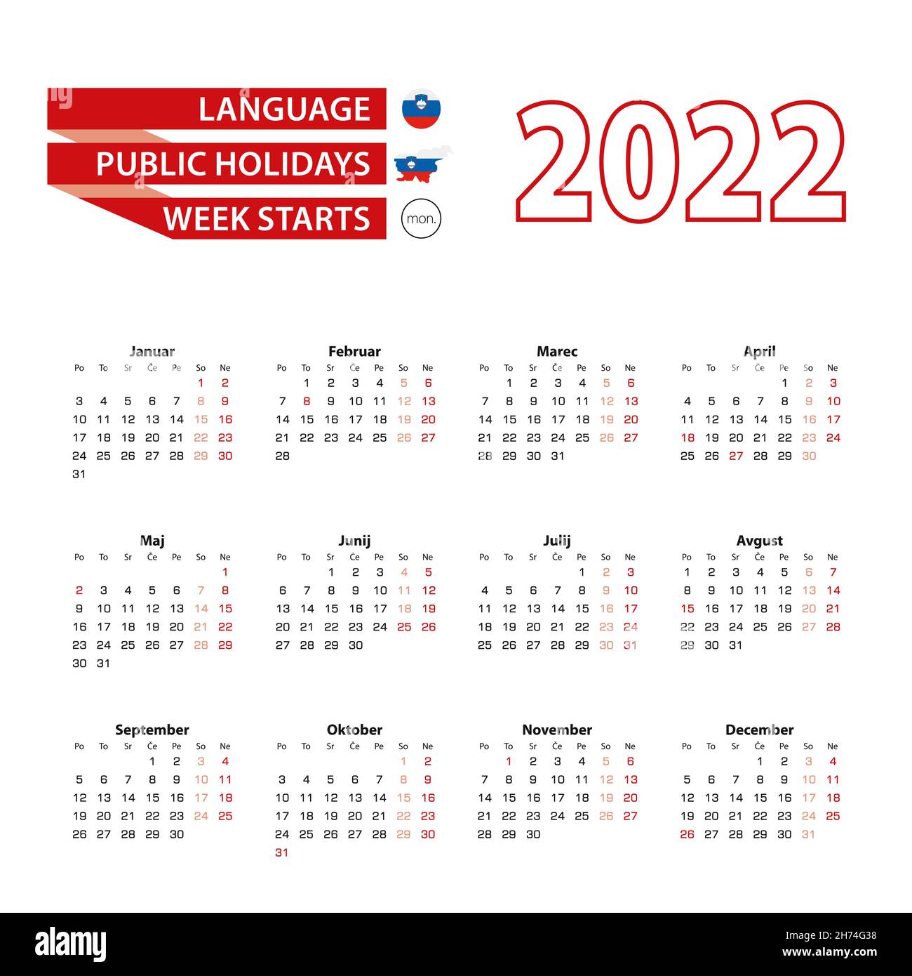 Calendrier 2022 en slovène avec jours fériés le pays de la Slovénie en 2022.La semaine commence le lundi.Illustration vectorielle. Illustration de Vecteur