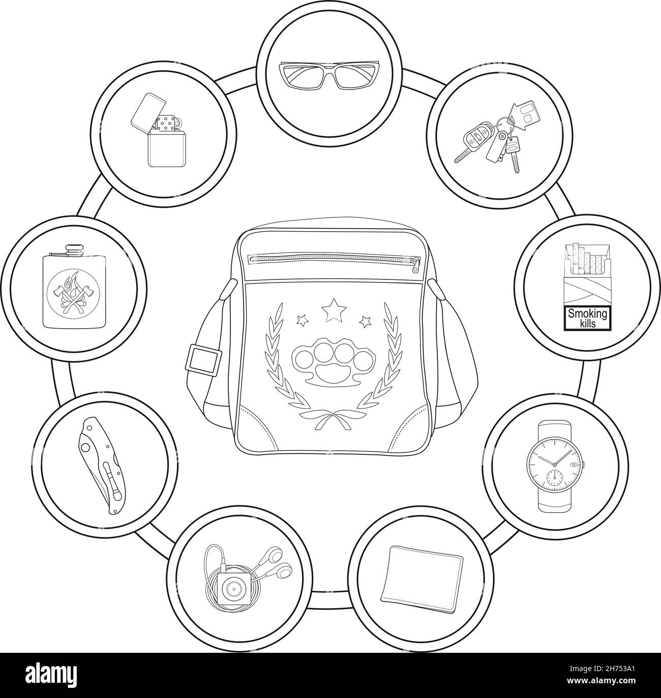 Contenu du sac à bandoulière de l'étudiant.Contour Illustration de Vecteur