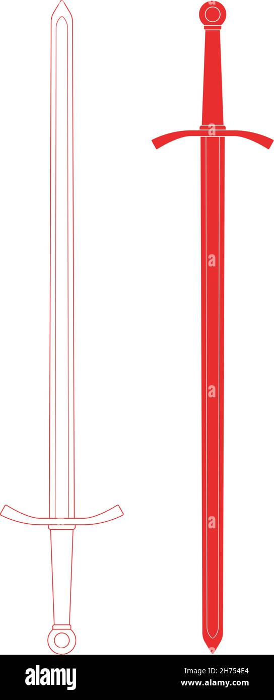 Épée à deux mains.Lignes de contour et silhouette Illustration de Vecteur