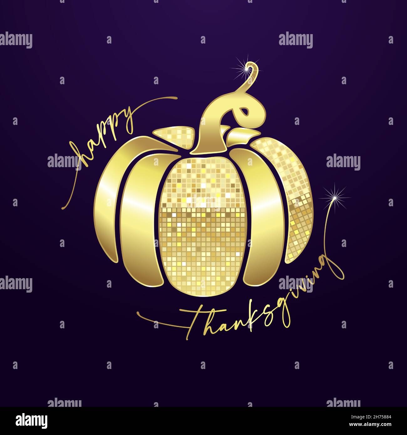 Concept « Happy Thanksgiving Day ».Texte et icône de pumkine scintillants et créatifs.Fond de pixel doré avec masque vectoriel.Décoration moderne et mignonne.Isola Illustration de Vecteur