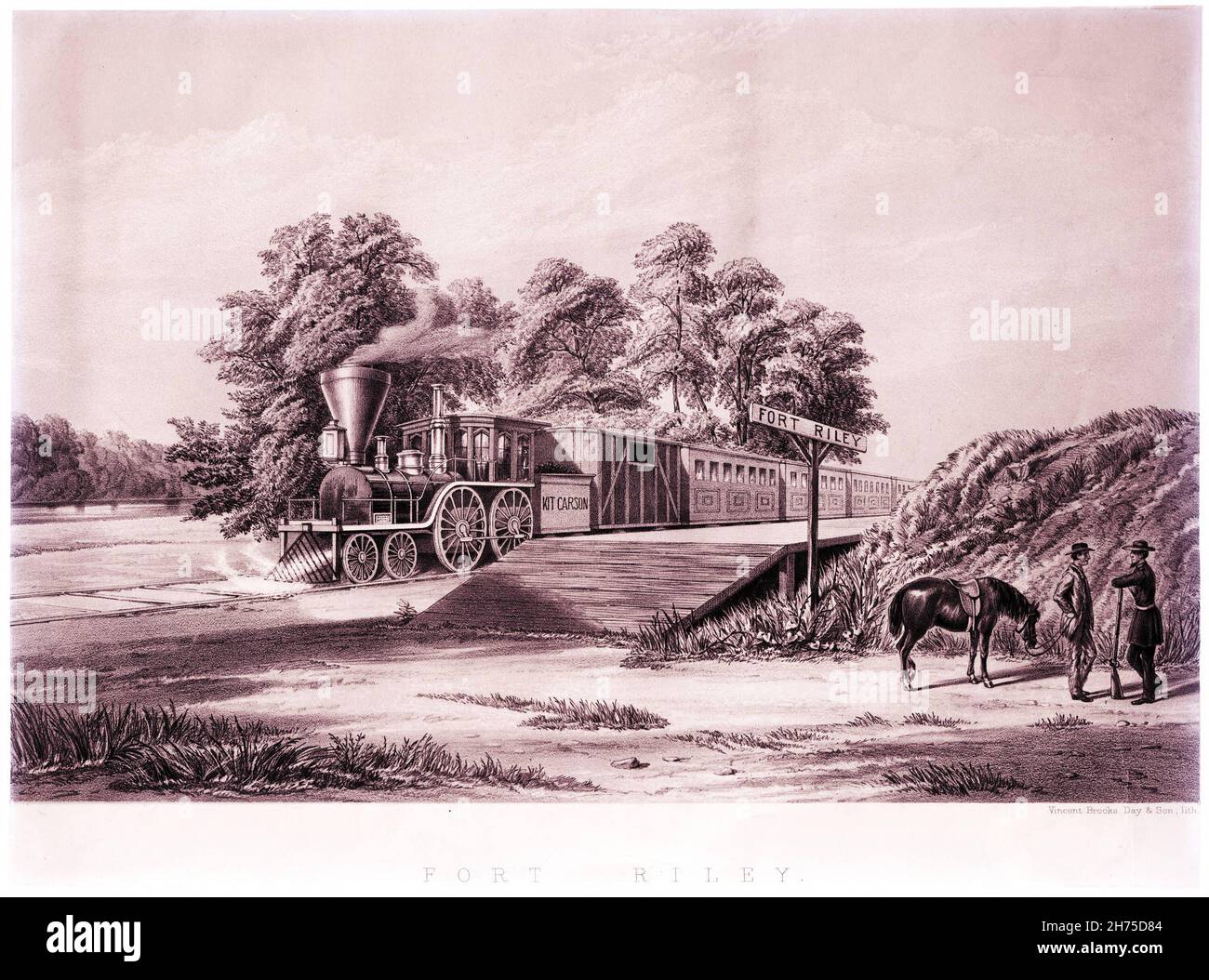 Illustration de la gravure du XVIIe siècle d'une locomotive sur le chemin de fer Banque D'Images