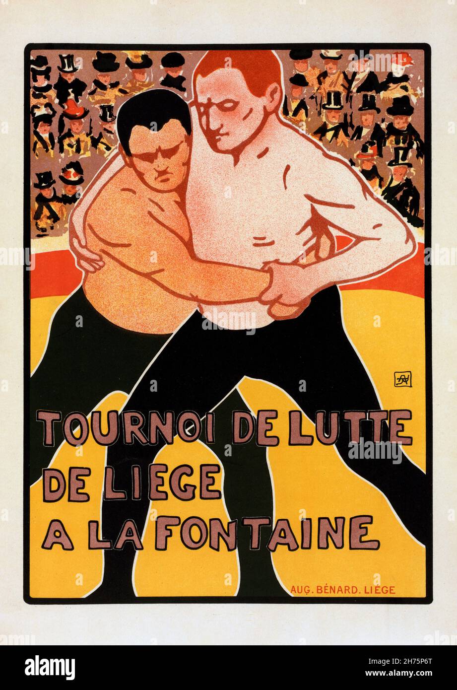 Affiche vintage annonçant un tournoi de Wrestling à Liège, Belgique par Armand Rassenfosse 1900.Le design montre deux lutteurs luttant devant une foule Banque D'Images