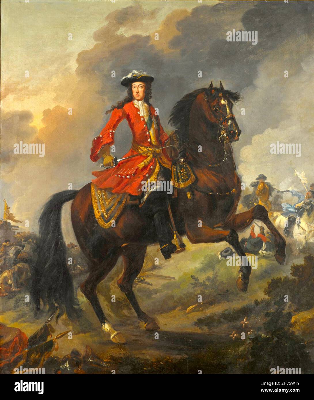 Portrait équestre du roi William III une bataille au-delà par le peintre baroque néerlandais Jan Wyck Banque D'Images