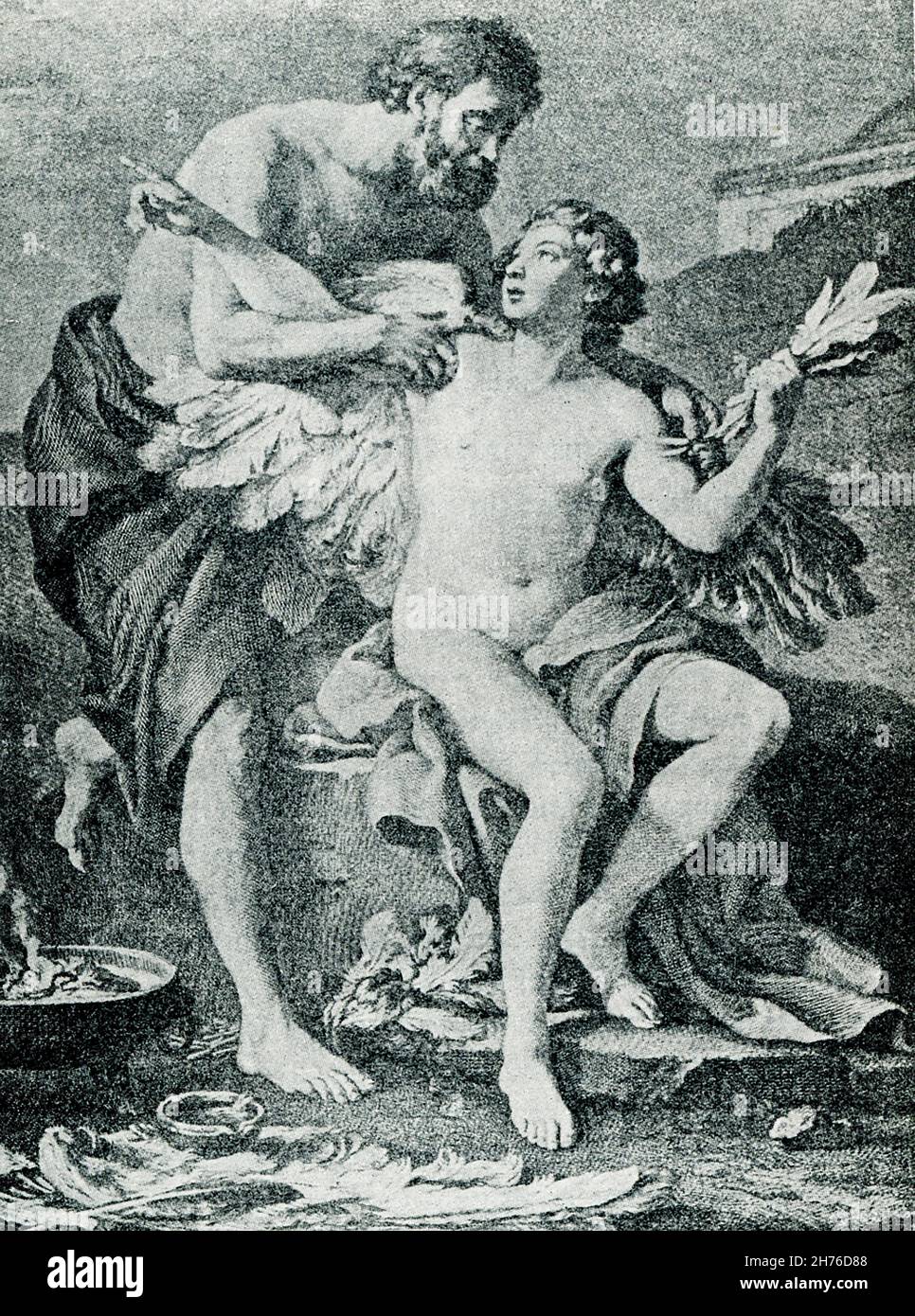 Cette illustration de Daedalus et Icarus a été réalisée par J M Virn.Dans la mythologie grecque, Daedalus (à gauche) était le constructeur du labyrinthe de Knossos en Crète (conçu pour garder le Minotaure à l'intérieur).Pour échapper à son confinement sur l'île par le roi, il a conçu des ailes de cire et de plumes pour lui-même et son fils, Icarus (à droite).Mais, Icarus a volé trop près du soleil.La cire fonda, et il tomba dans la mer (nom d'après la mer Icarienne).Daedalus l'a fait en Sicile, où il aurait été dit mort plus tard. Banque D'Images