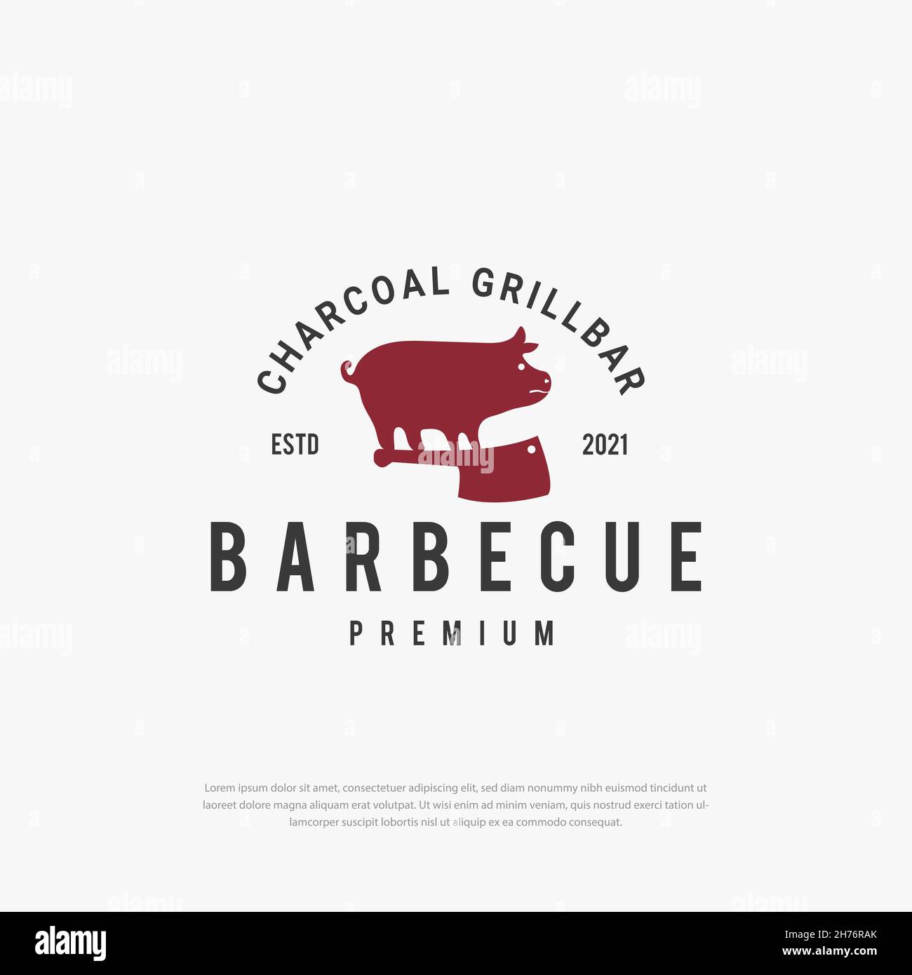 Illustration d'un couteau de porc rôti d'époque, silhouette, porc rôti, côtelettes de porc avec logo de couteau de boucher d'époque Illustration de Vecteur