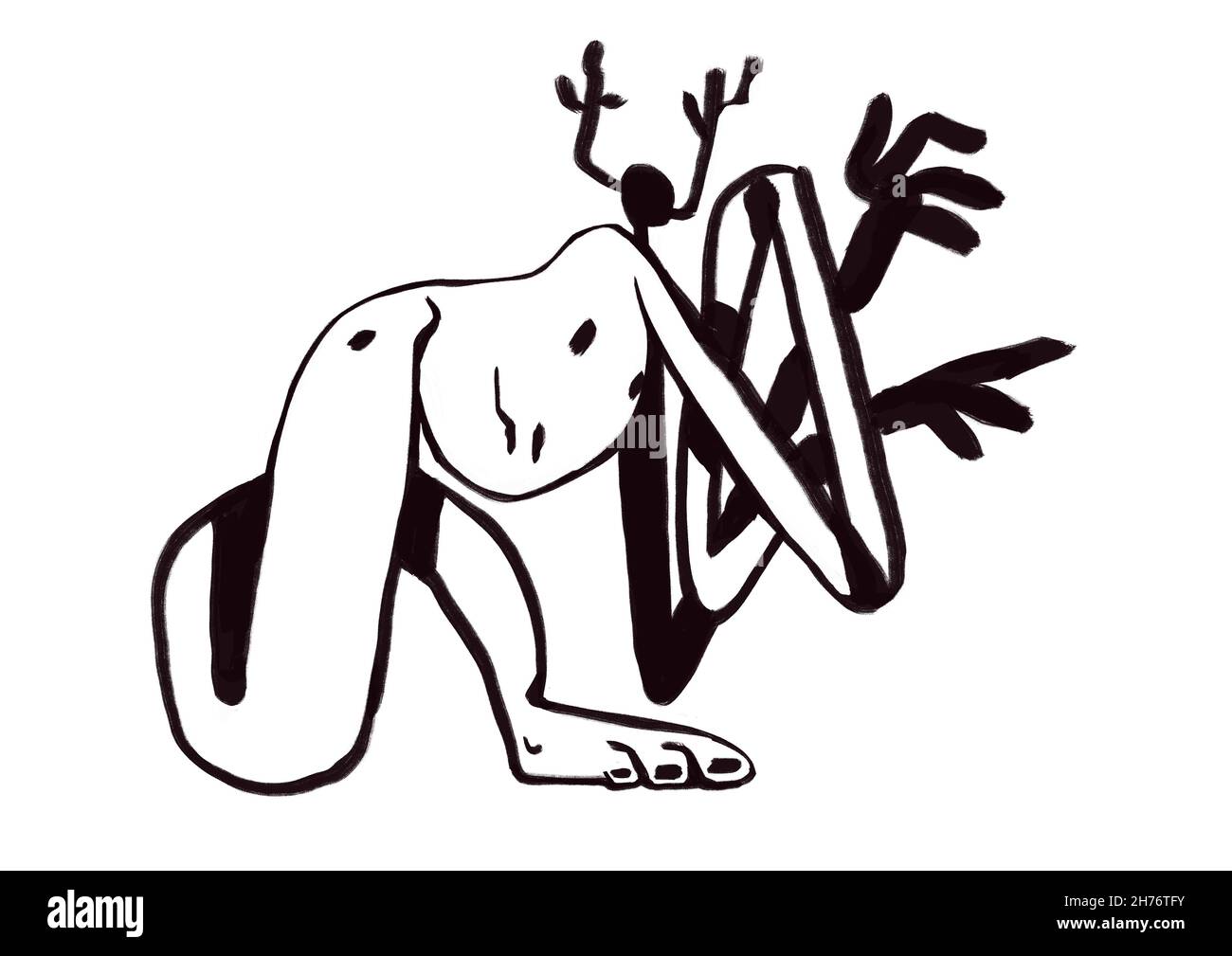 Étrange créature avec des bois sur sa tête comme un cerf mythique et l'horreur, tatouage et encre design.Belle bande dessinée en noir et blanc.Dessin Banque D'Images