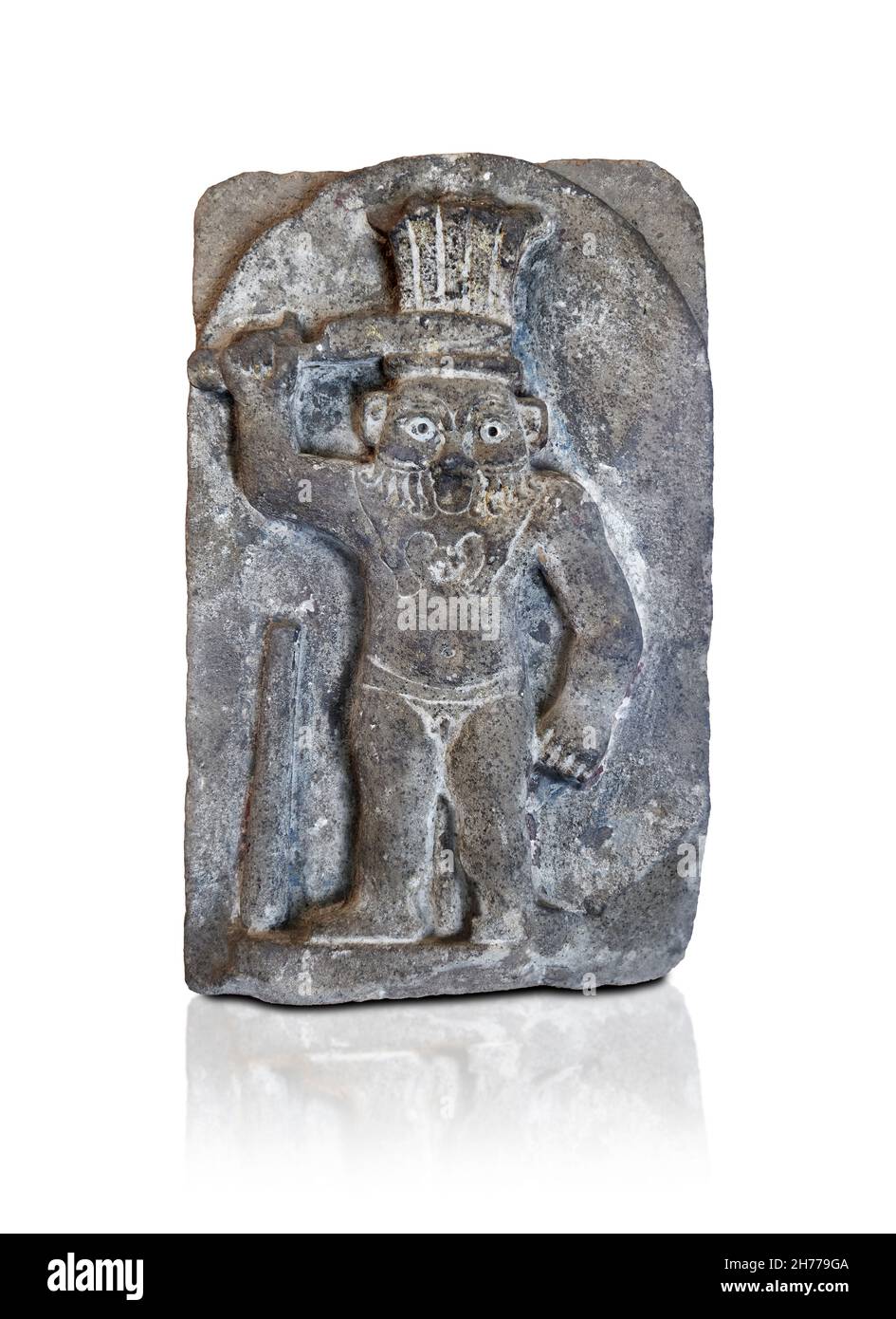 Stèle égyptienne romaine du dieu BES, 1-2e cent AD, Coptos.Musée des Beaux-Arts de Lyon inv 1969-167.Calcaire avec des traces de polychrome.BES est un A. Banque D'Images