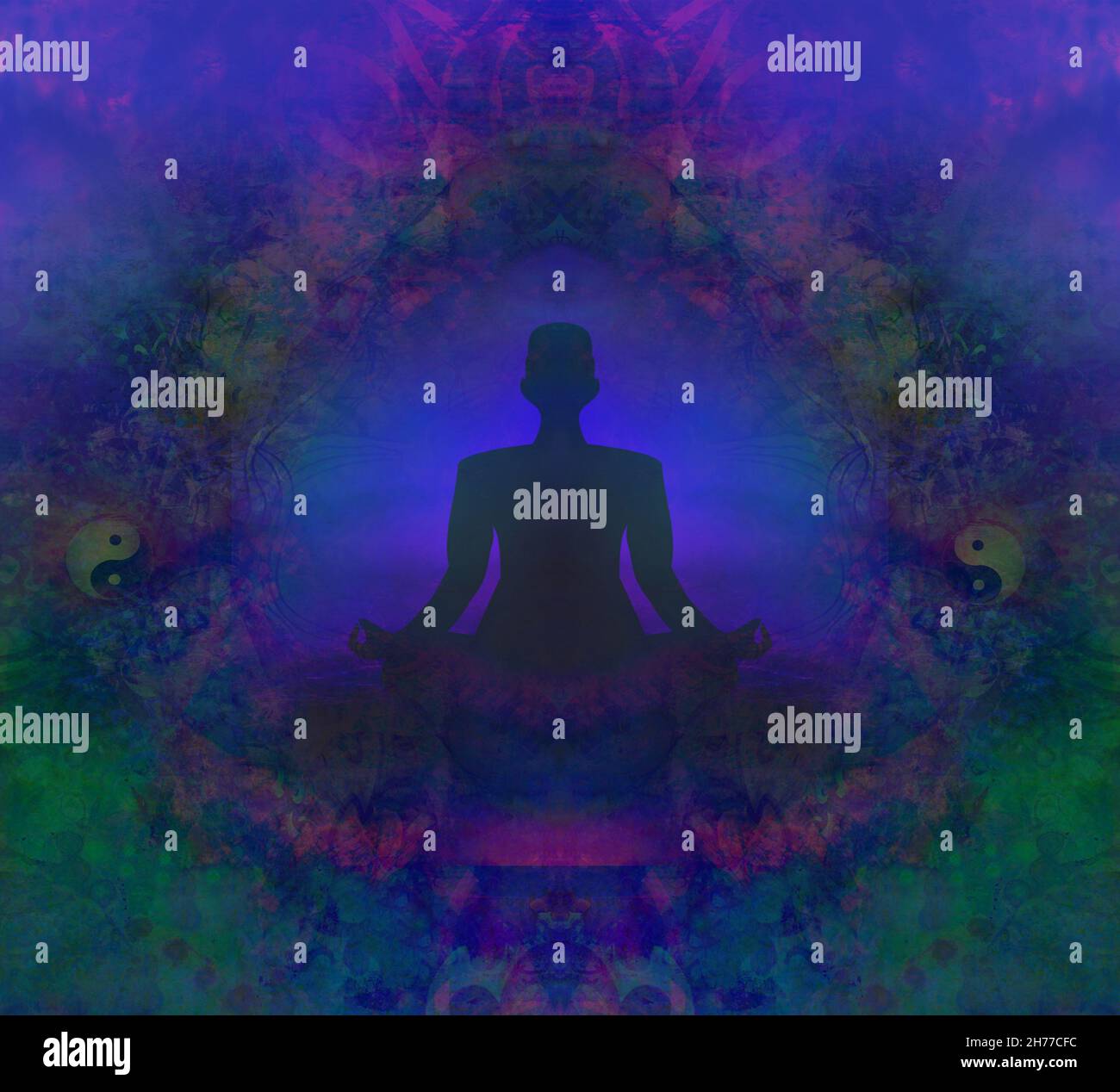 Homme silhouette méditer, carte décorative de yoga Banque D'Images