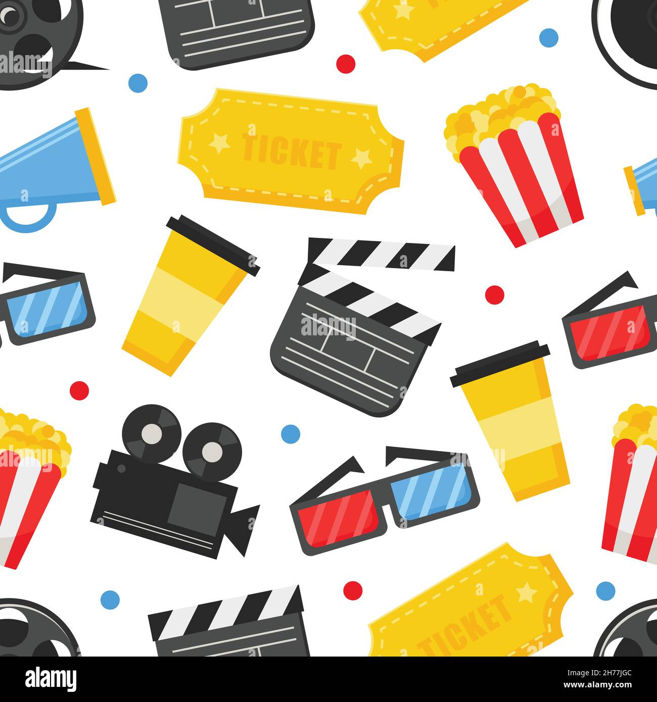 Motif cinéma plat sans couture avec bobine de film, clapper, pop-corn, lunettes 3D, pour l'impression,tissu et motif toile sur blanc Illustration de Vecteur