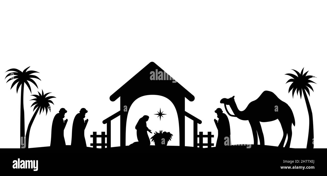Nuit Sainte de naissance de l'enfant jésus christ scène silhouette de la religion christianisme scène de la nativité.Histoire religieuse biblique des catholiques.Couper pendant Illustration de Vecteur
