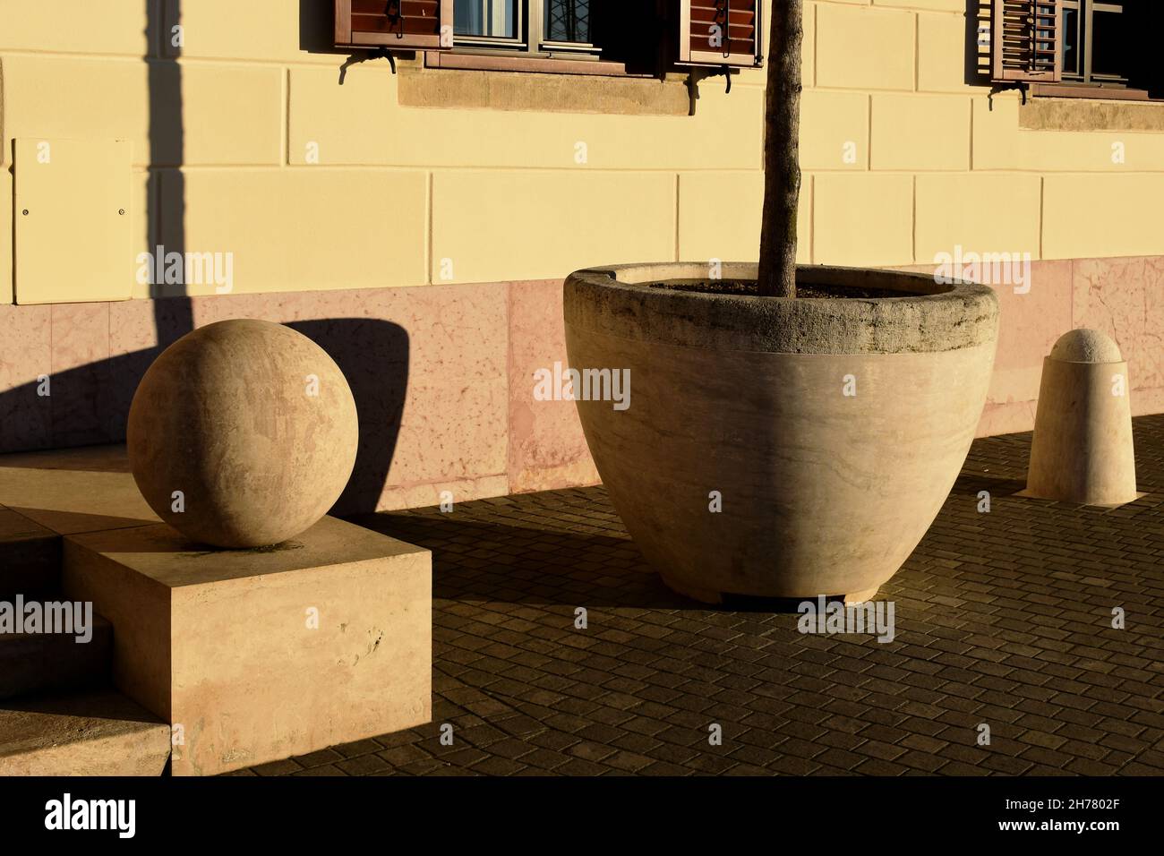 grand jardinière en béton blanc isolée pot. petit arbre. couleurs d'automne. façade et bollard en pierre. détail rue. fenêtres et volets en bois. Banque D'Images