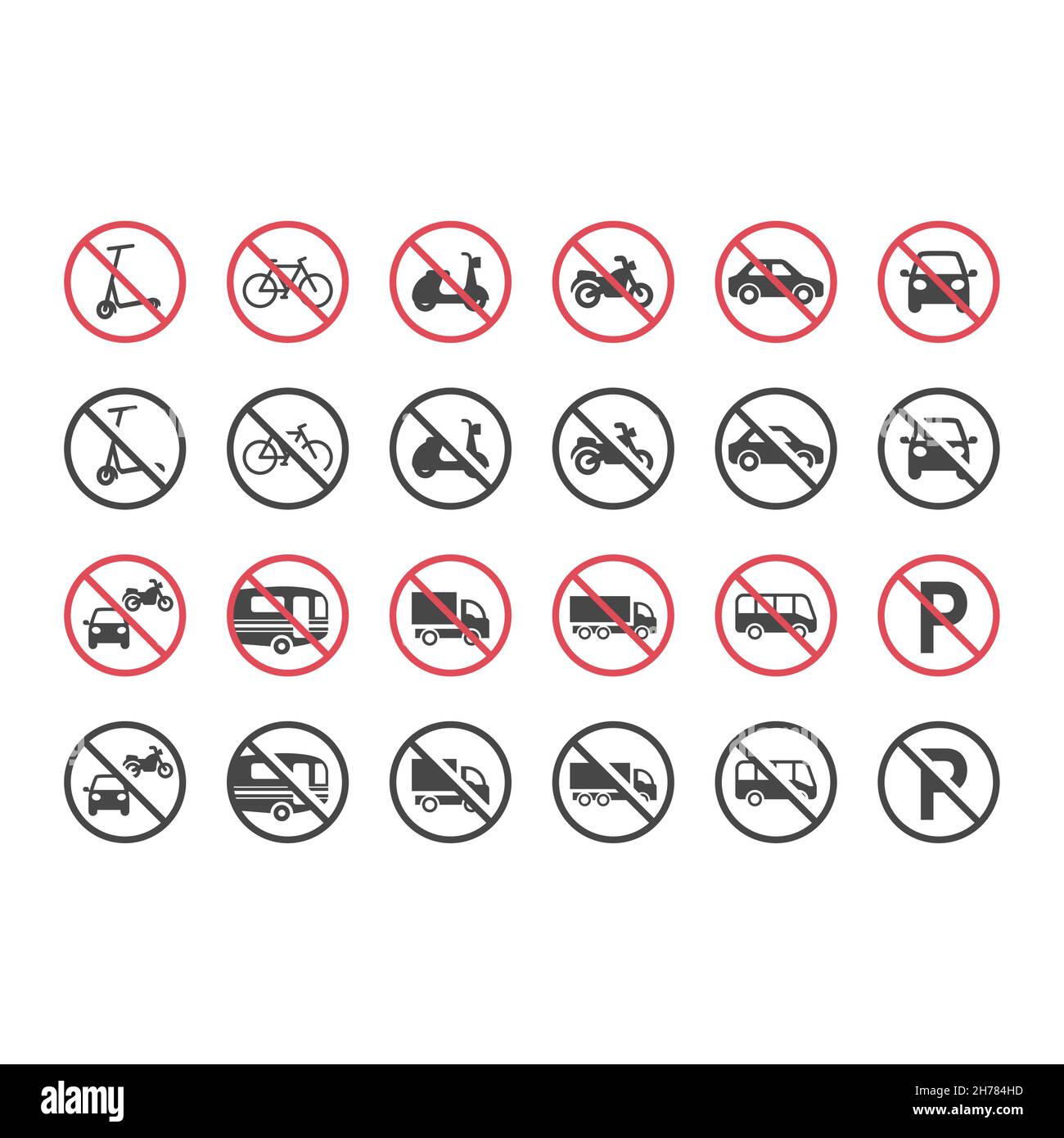 Ensemble de panneaux d'interdiction rouges des véhicules automobiles.Aucune icône de voiture, de bus, de moto n'est définie. Illustration de Vecteur